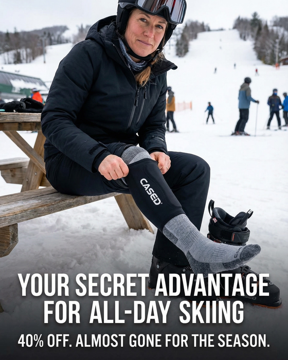 Cased ad for a skier